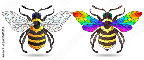 Set of illustrations in the style of stained glass with bright bees, animals isolated on a white background © Zagory