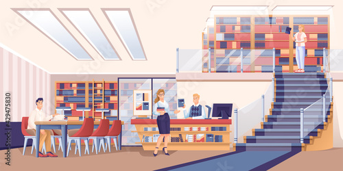 People at library scene. Librarian working at desk, man at table, woman taking books, guy choosing from bookcase vector illustration. Modern room interior design, horizontal panorama