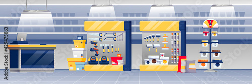 Hardware shop interior design background. Store with counter, stands with paint, toolkits, saws, hammers, screwdrivers vector illustration. Tools and materials assortment panorama