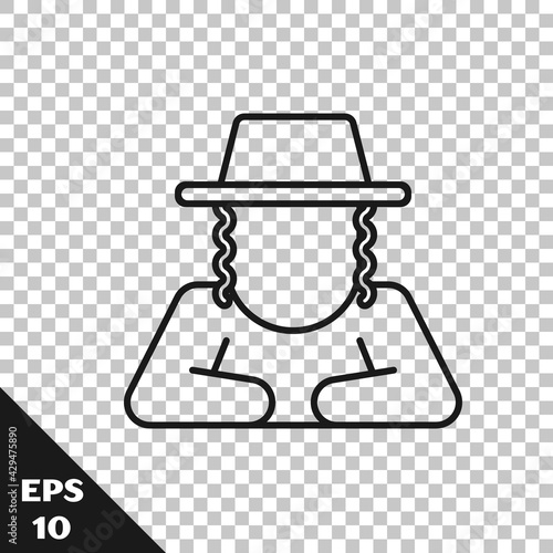 Black line Orthodox jewish hat with sidelocks icon isolated on transparent background. Jewish men in the traditional clothing. Judaism symbols. Vector
