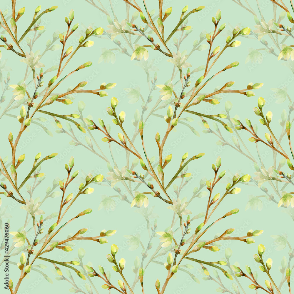 Watercolor illustration of a flowering branch.The motive of the tree branch, the image on a white and colored background.Seamless pattern.