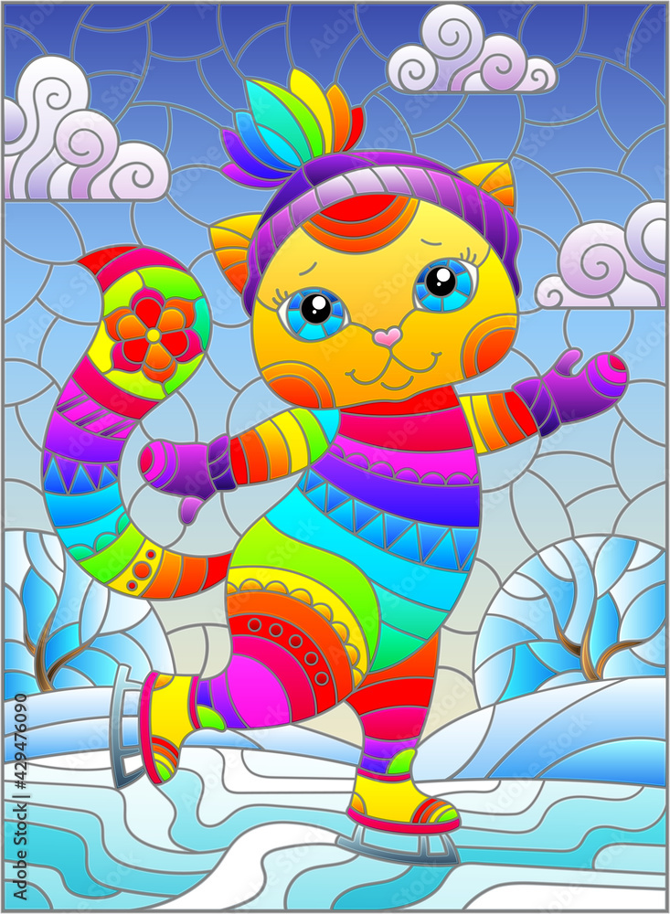 Naklejka premium Stained glass illustration with a cute cartoon cat on skates against a winter landscape, a rectangular image 