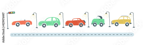 traffic jam from cars flat simple cartoon style hand drawing. vector illustration