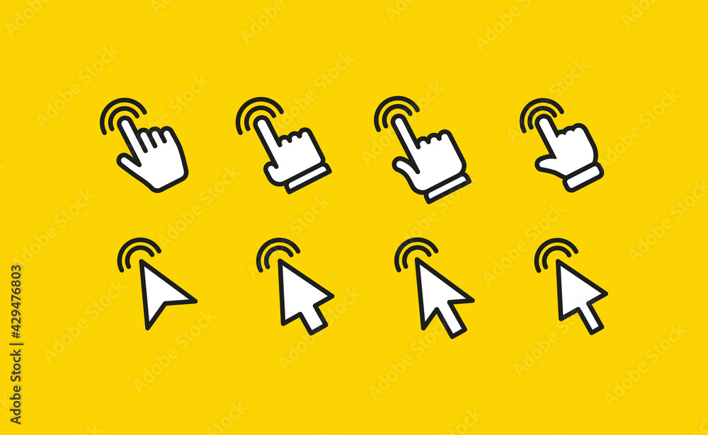 Arrow and hands click icons. Pointer vectors clicking. Arrow and hands click icons. Pointer vectors clicking.