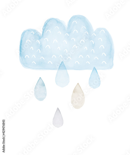 Watercolor Painting with Pastel Blue Cloud and Rain Drops. Cute Nursery Vector Art with Rainy Cloud Isolated on a White Background. Lovely Print ideal for Card, Wall Art, Baby Shower Decoration.