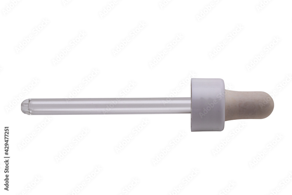 Closeup of a glas pipette with gray rubber tip isolated on a white background. Clipping path. Macro. Medical dropper for skin care beauty product. Closeup of a glas pipette with gray rubber tip isolated on a white background. Clipping path. Macro. Medical dropper for skin care beauty product.