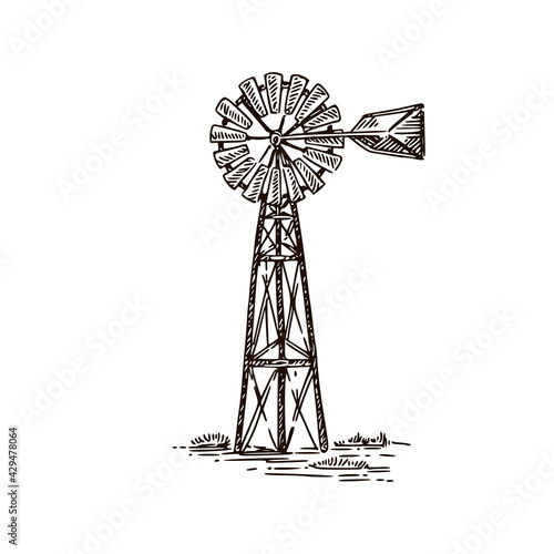 Old windmill. Sketch. Engraving style. Vector illustration