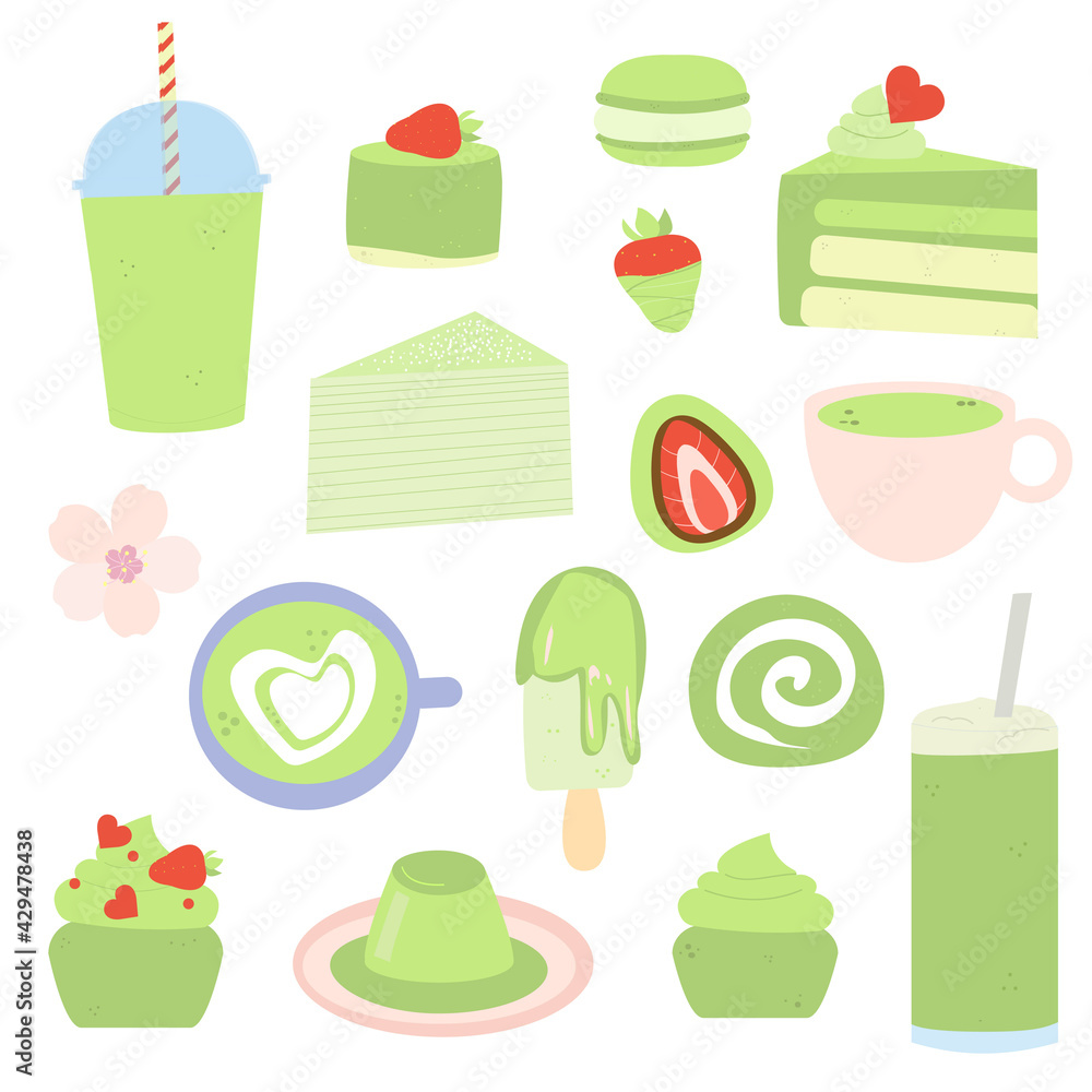 Set of drinks and matcha desserts. Delicious Japanese desserts.Collection of vector green tea, cakes, pastries and other sweets isolated on white background.