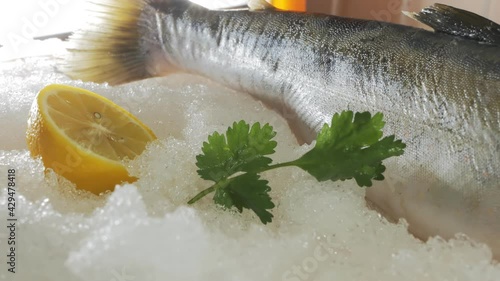 close-up of the tail of a big fish on the snow of a seafood store showcase. Lemon and greens are close with fish. Dolly shooting. camera movement photo