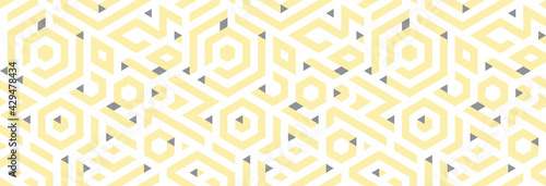 Abstract pattern with triangles, hexagons, endless lines. Gray, yellow colors. Isolated on white backdrop. Banner.