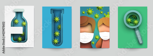 Set background banner, card or cover with bacteria, molecule or virus in modern paper cut style. Craft origami design element. Medical minimalistic colorful geometric concept. Vector illustration.