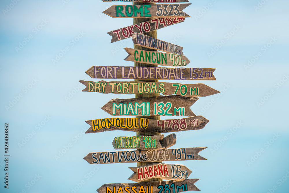 Sign with Arrows indicating directions to different places of the world on the Beach. Fort