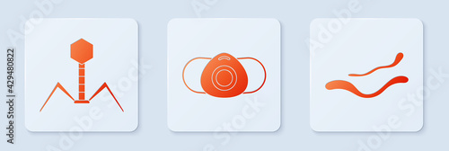 Set Medical protective mask, Bacteria bacteriophage and Ebola virus disease. White square button. Vector