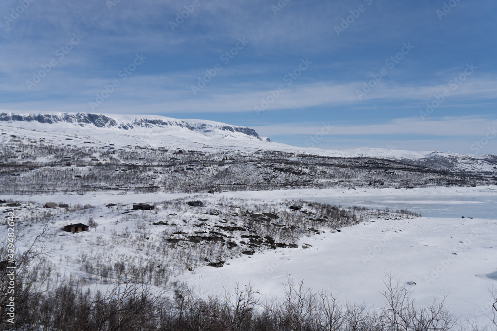 View of the frozen lake Sløddfjorden near the village of Haugastøl, in the municipality of Hol, Viken County, Norway, Scandinavia