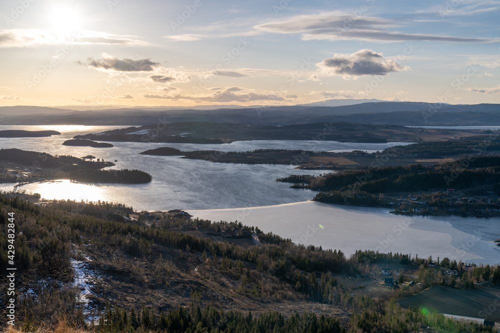 Steinsfjorden, a branch of Lake Tyrifjorden located in Buskerud, Norway. View from Kongens Utsikt (Royal View) at Krokkleiva