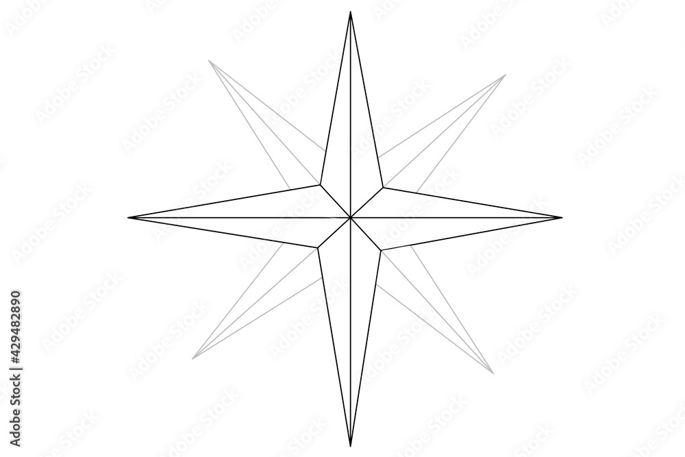 Obraz premium Wind rose style star in black and white with straight lines on white background.