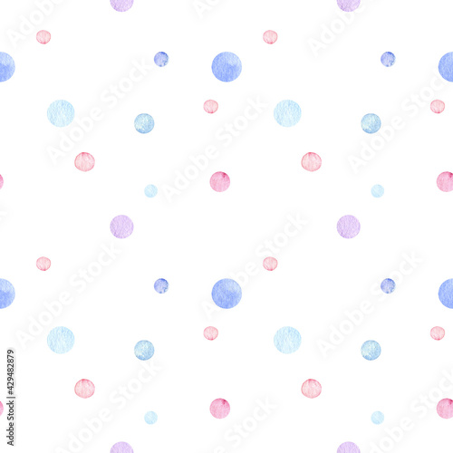 hildren's watercolor seamless pattern. Colorful polka dot background. Painting with blue, violet and purple. Perfect for textile, fabric, wrapping paper, linens, wallpaper etc