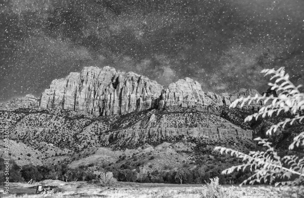 Amazing red mountains of Zion National Park at summer night, USA