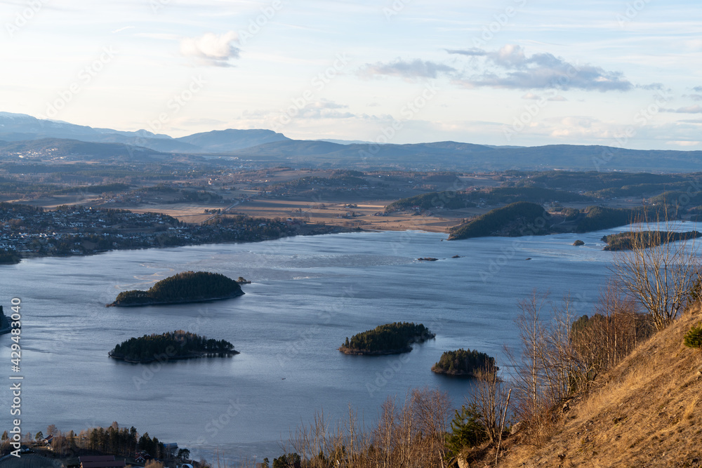 Steinsfjorden, a branch of Lake Tyrifjorden located in Buskerud, Norway. View from Kongens Utsikt (Royal View) at Krokkleiva