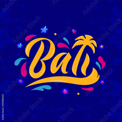 Bali handwritten text. Colorful vector illustration. Modern brush ink calligraphy and palm tree like letter L on dark blue textured background. Hand lettering for postcard, logo, poster, print