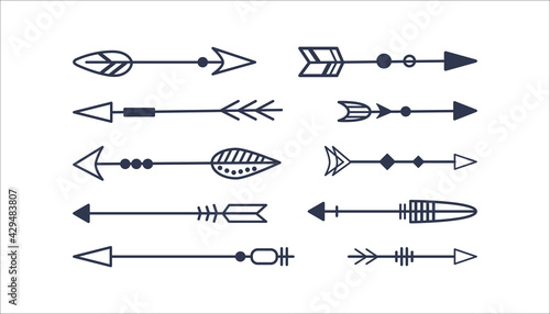 Set of decorative arrows isolated on a white background. Traditional symbol of Native American Indians. Boho design. Vector illustration