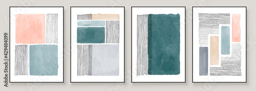 Set of Abstract Hand Painted Illustrations for Wall Decoration, Postcard, Social Media Banner, Brochure Cover Design Background. Modern Abstract Painting Artwork. Vector Pattern