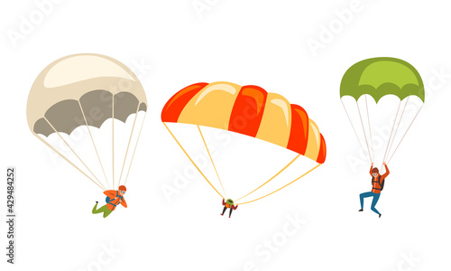 Fototapeta Naklejka Na Ścianę i Meble -  Parachuting Man Paratrooper Descenting Using Parachute Vector Set