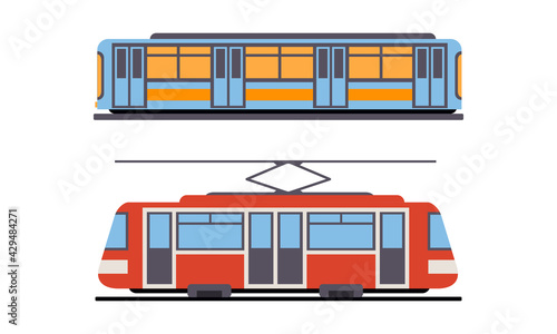 Tram or Streetcar and Train as Rail Vehicle Running on Tramway Track Along Urban Streets Vector Set