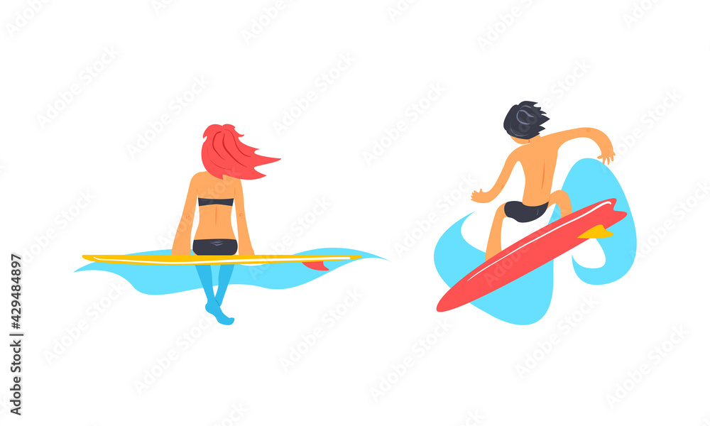 Male and Female Surfer Riding Moving Wave of Water Standing on Surfboard Vector Set