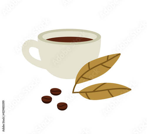 Vector illustration of a cup of coffee with leaves and beans, isolated on white. Hand-drawn illustration in flat style. Suitable for cafes, coffee producers, and shops.