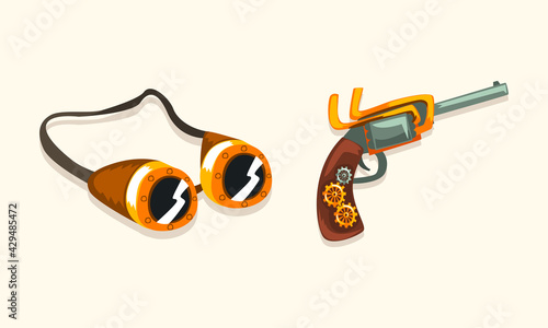 Steampunk Fictional Objects and Mechanism with Goggles and Mechanical Pistol Vector Set