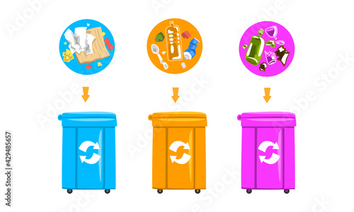 Waste Sorting and Litter Recycling with Dustbin with Different Trash Vector Set