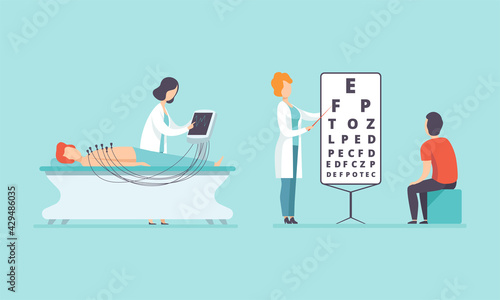Medical Physical Health Checkup with Doctor Therapist Examinig Patient Vector Set