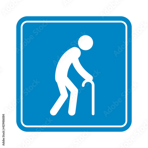 Old man with a cane, detailed blue icon for public transport isolated on the white