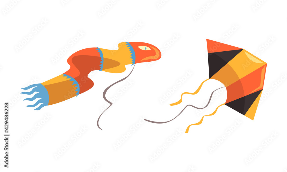 Colorful Kite as Tethered Craft with Wing Surfaces and Tail Vector Set Colorful Kite as Tethered Craft with Wing Surfaces and Tail Vector Set