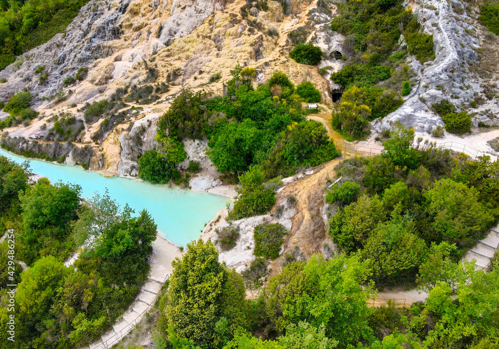 Aerial view of Bagno Vignoni natural pools along the hills, Tuscany Aerial view of Bagno Vignoni natural pools along the hills, Tuscany