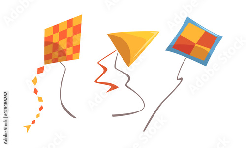 Colorful Kite as Tethered Craft with Wing Surfaces and Tail Vector Set