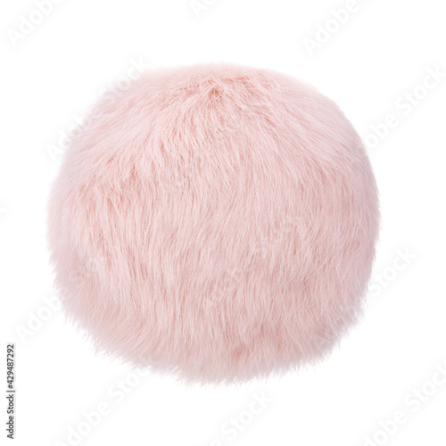 Close up of beige rabbit fur pompom isolated on white background