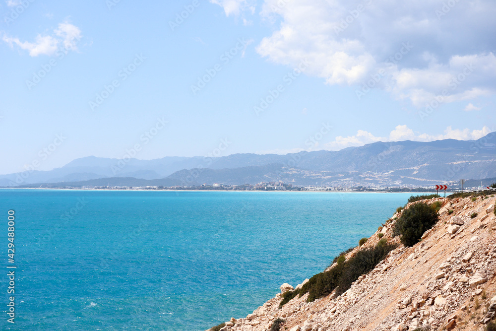 view of the azure mediterranean sea and mountains near Demre in Turkey