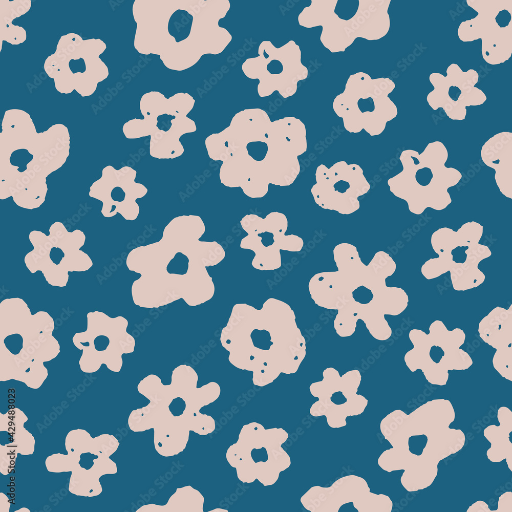 Seamless floral pattern with pink flowers on a blue background. Spring frequent flower texture. Hand drawn vector illustration great for fabric surface design, textile, background. Seamless floral pattern with pink flowers on a blue background. Spring frequent flower texture. Hand drawn vector illustration great for fabric surface design, textile, background.