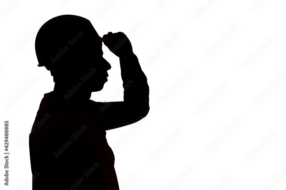 engineer silhouette holding on to helmet visor on isolated background, male profession concept