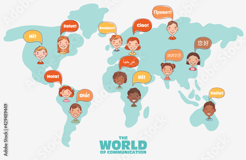 Group of happy smiling kids speaking together. Girls and boys with speech bubbles in different languages over world map