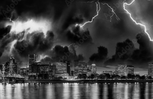 Storm approaching Portland, Oregon. City skyline with lightnings
