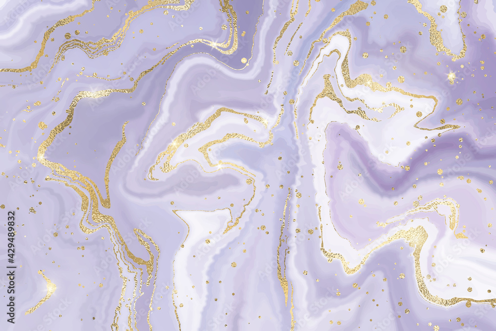 Abstract dusty lavender liquid marble or watercolor background with gold glitter foil textured stripes. Pastel mauve marbled alcohol ink drawing effect. Vector illustration of luxury wedding backdrop