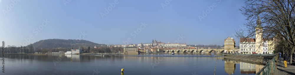 Panoramic view along Vltava river towards Lesser Town, Prague, Czech.