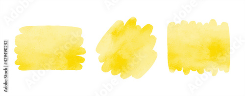 Chrome, amber yellow watercolor vector brush strokes, smears set. Watercolour rounded shape, rectangle smudge artistic backgrounds, text frame templates. Painted hand drawn banners with stains.