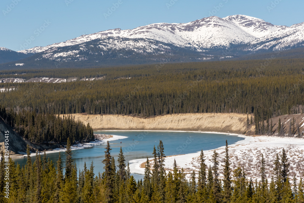 Winding Yukon River outside of Whitehorse in spring time with wonderful scenic view of the wilderness surrounding snow capped mountain peaks in the background. Desktop wallpaper, tourism, visit. 
