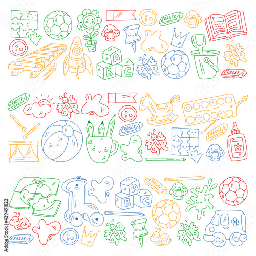 Vector pattern with boys and girls. Kindergarten and toys. Happy childhood and creativity with imagitanion.