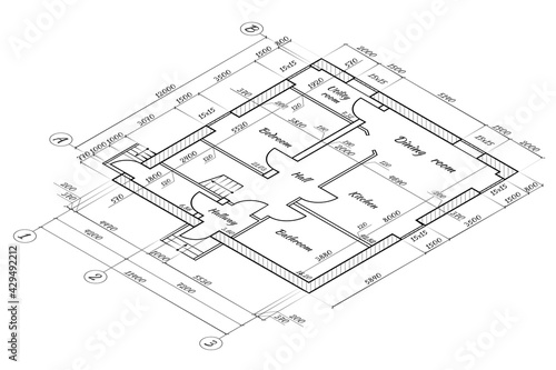 Blueprint house. Plan architecture. Draft home isolated on white background. Blueprint construction. ​Pattern line outline floor apartment. Construct house. Interior building. Vector Illustration
