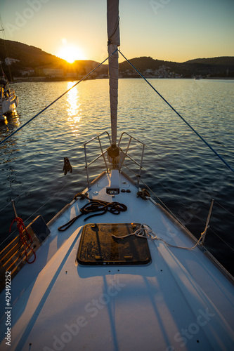luxury yacht in the marina at sunset lights in Croatia